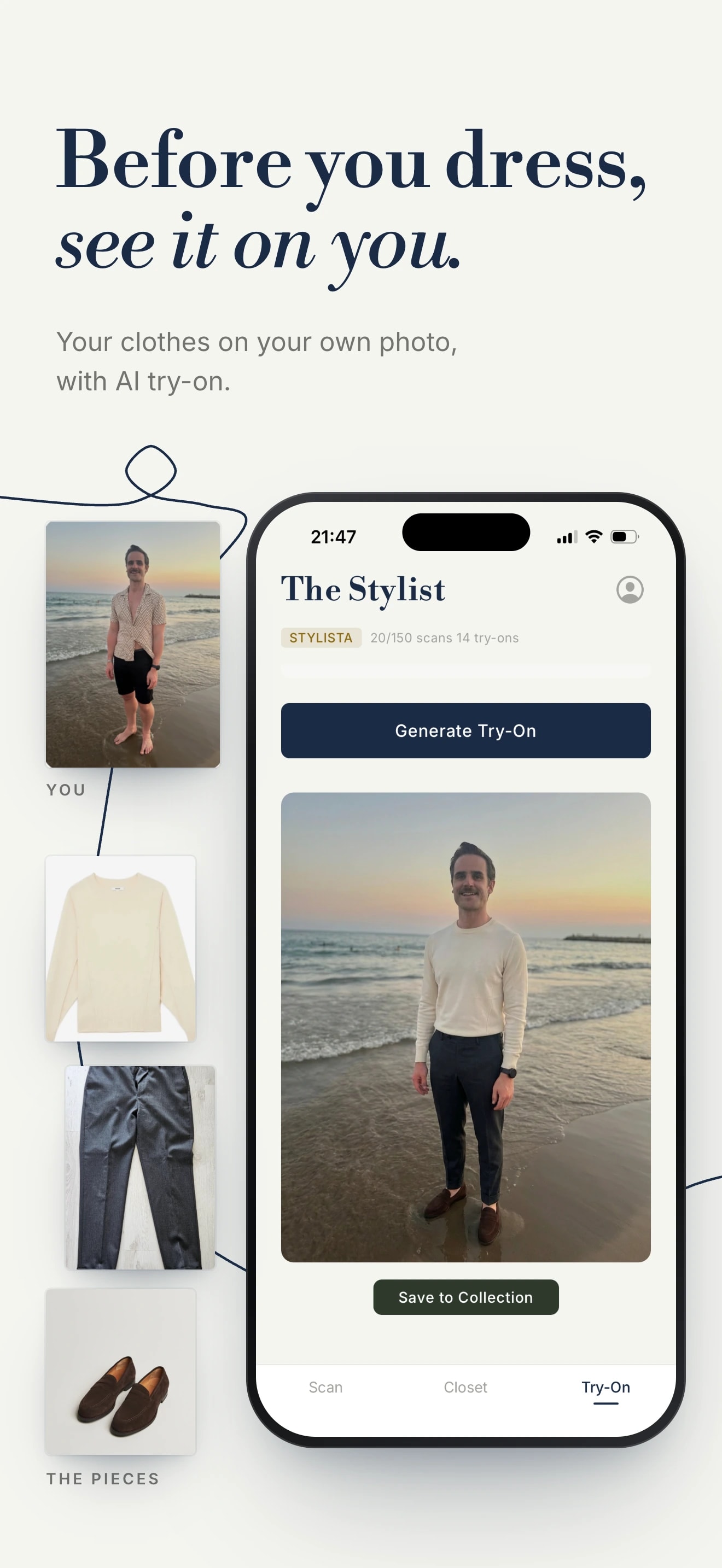 Thraed: Before you dress, see it on you. An AI try-on of a sweater and trousers on a beach photo.